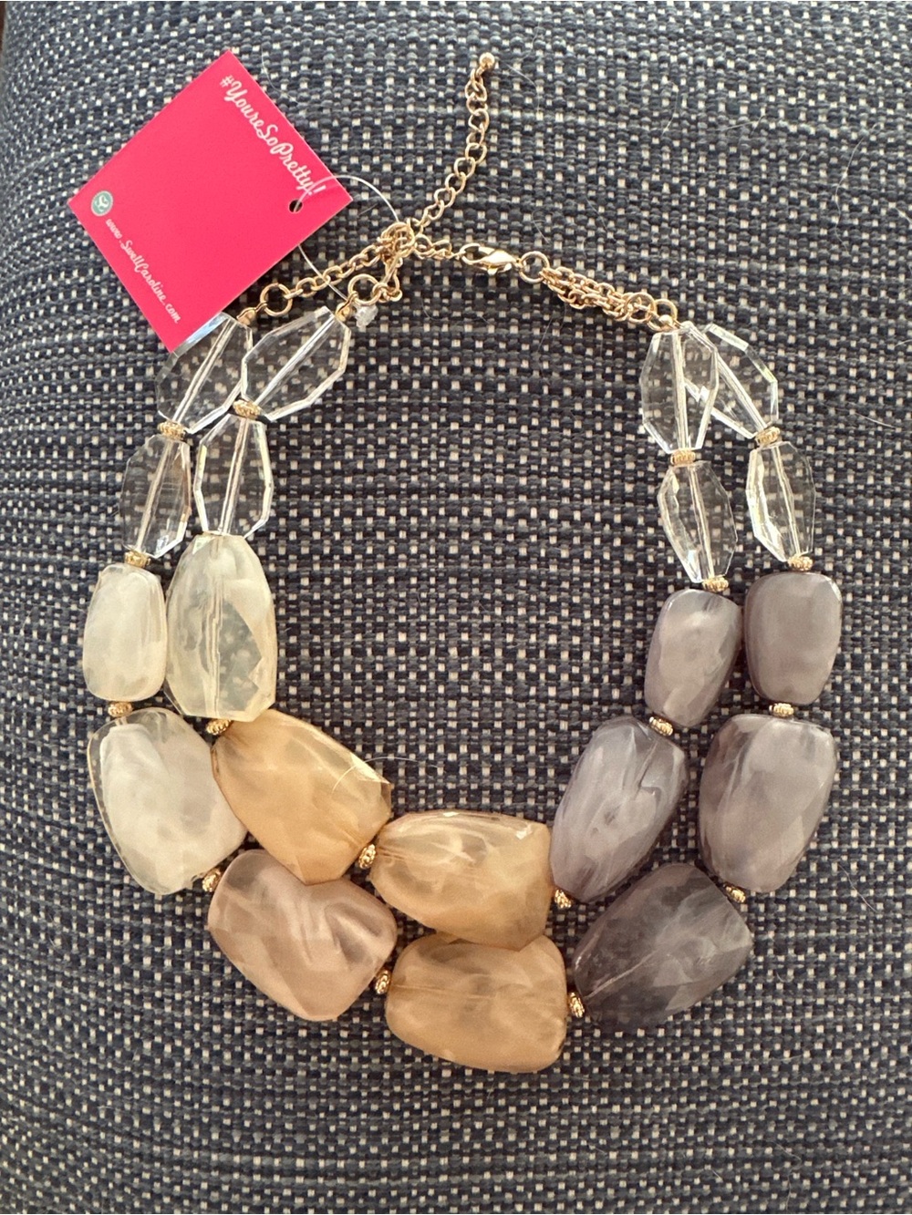 Statement Acrylic Bead Necklace - Gold Chain Cream, Taupe & Gray Acrylic Beads
